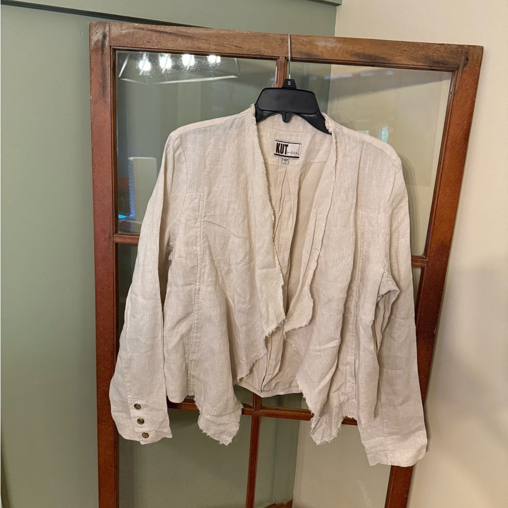 Kut from the Kloth Cream Boho 100% Linen Raw Edge Jacket Size Large